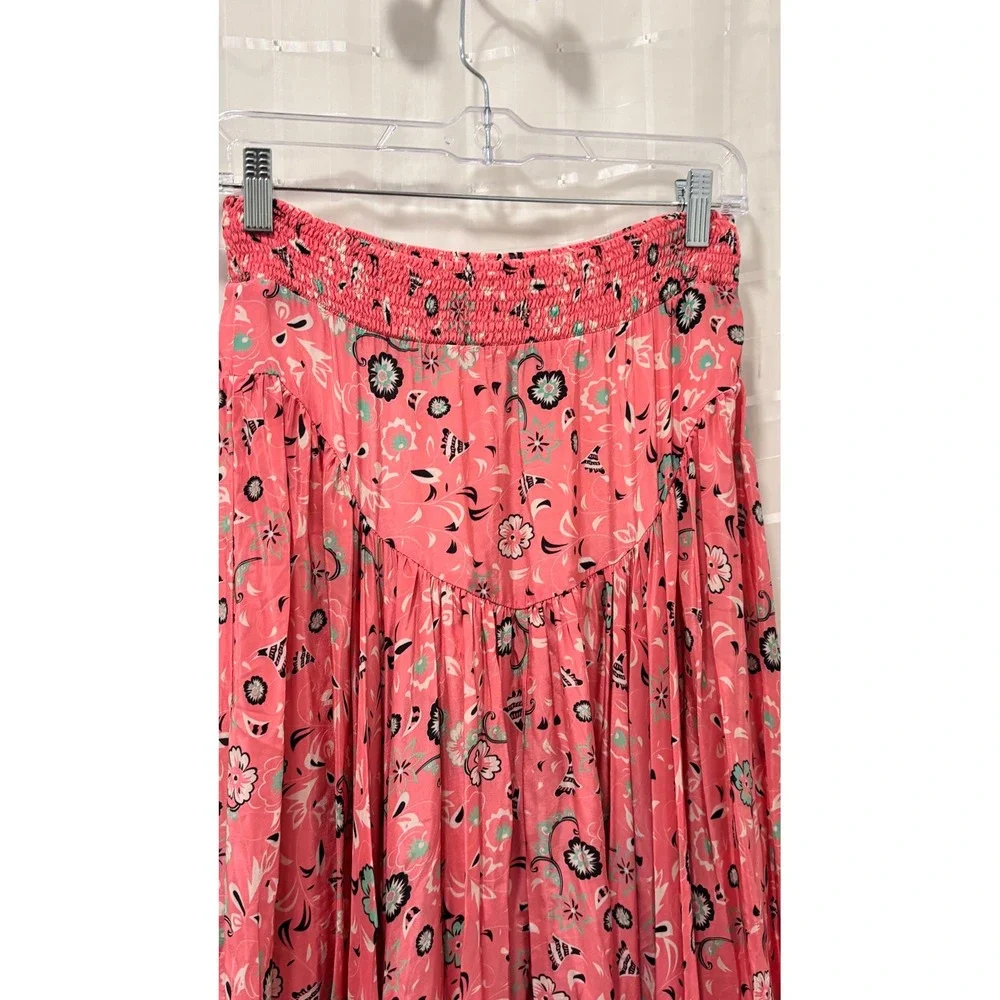 Mimi Liberte Michel Klein Pink Floral Silk Maxi Skirt Smocked Tiered Size 36 NEW